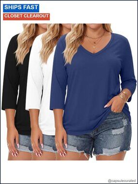 3 Pack Plus Size V Neck 3/4 Sleeve Cotton Blend Tops